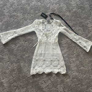 PrettyLittleThing White Crochet Long Sleeve Dress NWT